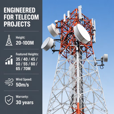 45m Four Legged Angular Lattice Telecommunication Tower Hot Dip Galvanized ASTM A36 A572 Gr50 Steel for Remote GSM Signal